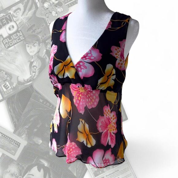 Y2K Black Tropical Floral Print V Neck Top - Picture 2 of 6